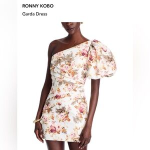 Ronny Kobo Garda Floral One-Shoulder Mini Dress in Cream & Pink